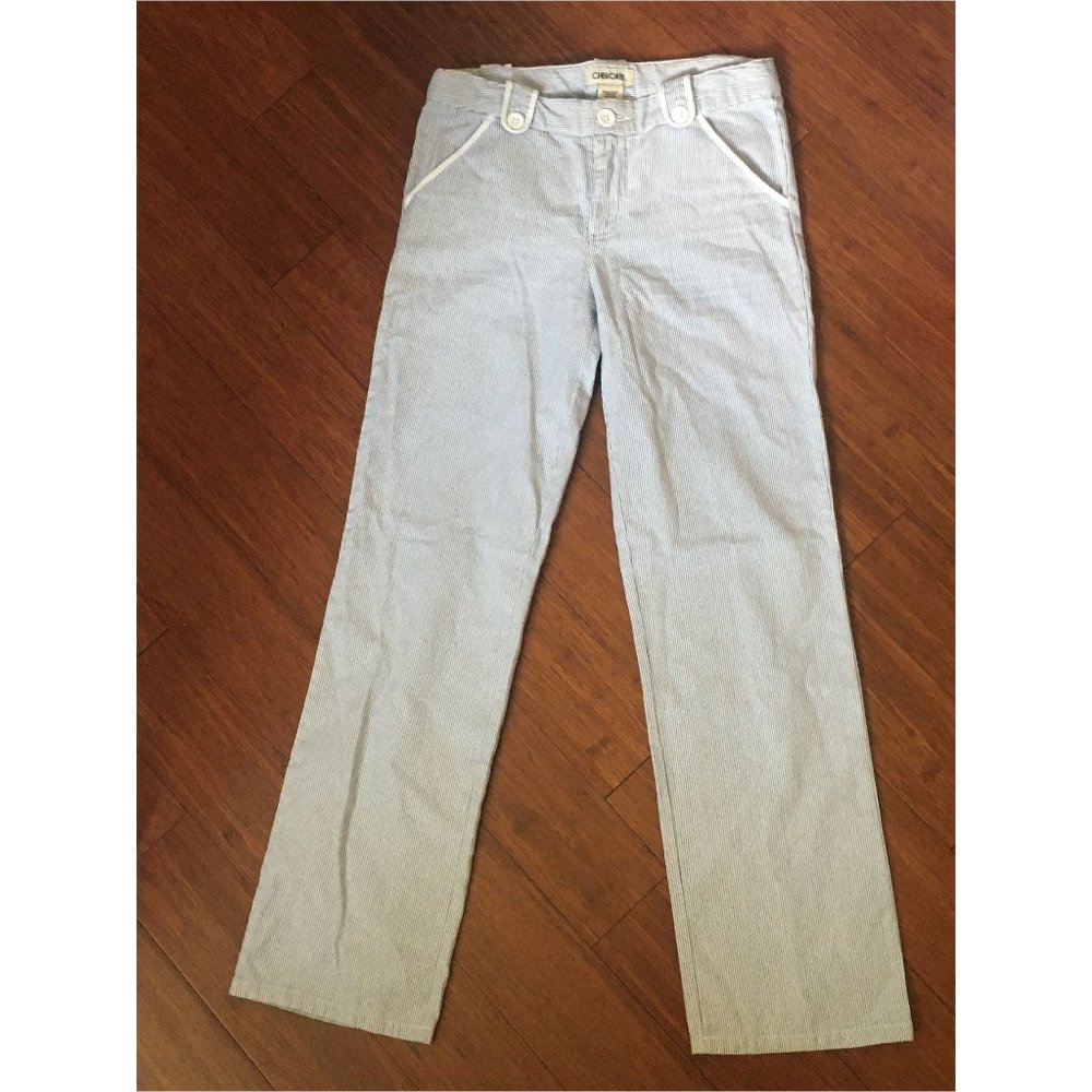 Mid-Rise White & Blue Pinstriped Straight Leg Pants